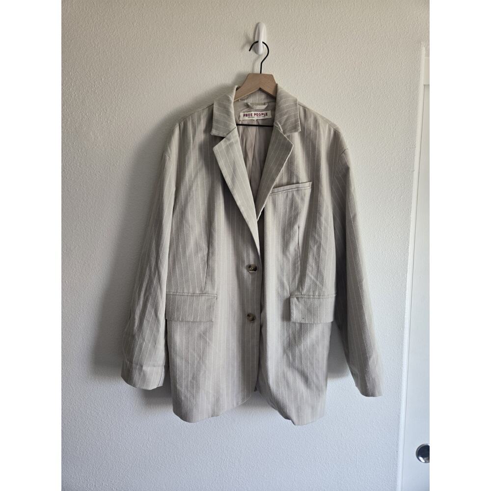Free People Oversized Layering Menswear Reggie Blazer Khaki Stripe Medium Preppy - Picture 4 of 12